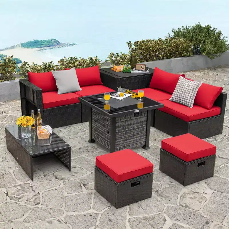 Set di mobili da giardino Costway 9 pezzi con tavolo fuoco a propano da 50.000 BTU Nero/Grigio/Blu scuro/Rosso/Bianco/Turchese