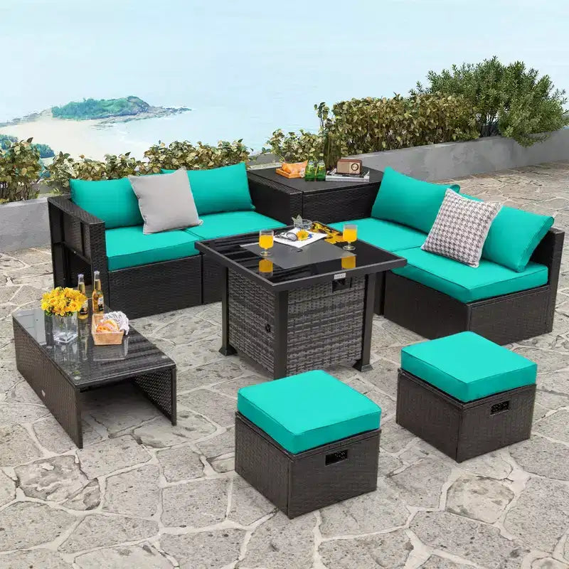 Set di mobili da giardino Costway 9 pezzi con tavolo fuoco a propano da 50.000 BTU Nero/Grigio/Blu scuro/Rosso/Bianco/Turchese