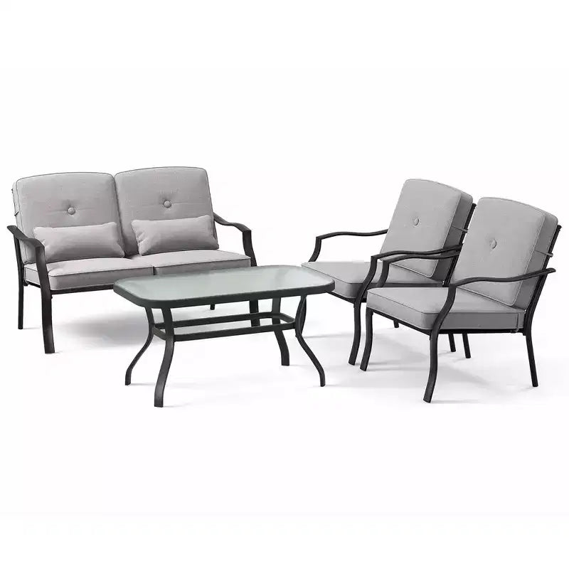 Set Mobili da Giardino 4 Pezzi Costway Divano da Esterno Tavolino da Caffè in Vetro Temperato Blu Marino/Grigio