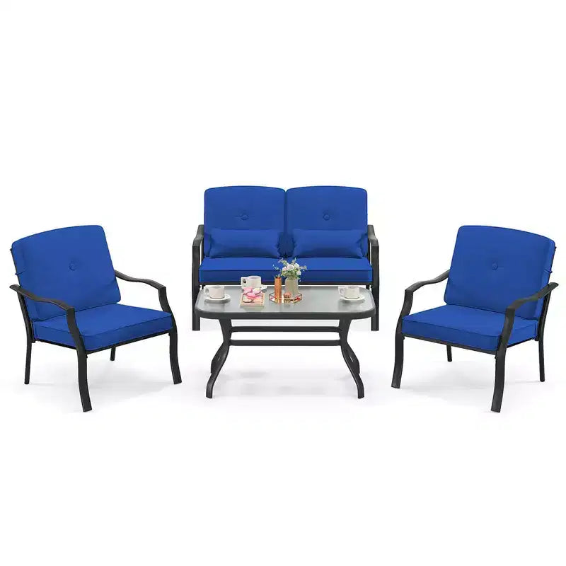 Set Mobili da Giardino 4 Pezzi Costway Divano da Esterno Tavolino da Caffè in Vetro Temperato Blu Marino/Grigio