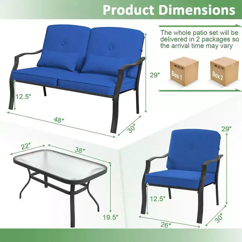 Set Mobili da Giardino 4 Pezzi Costway Divano da Esterno Tavolino da Caffè in Vetro Temperato Blu Marino/Grigio