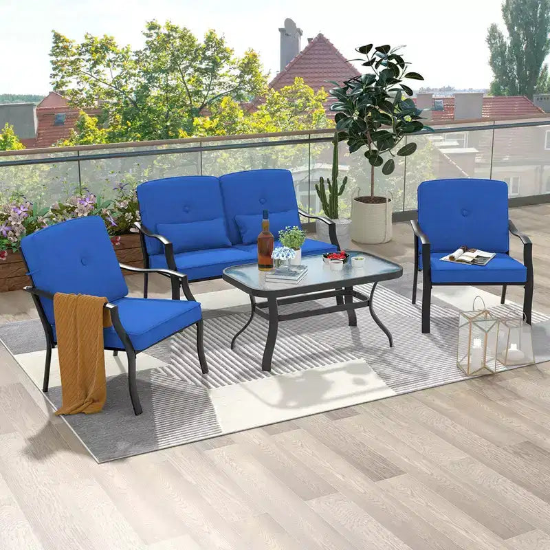 Set Mobili da Giardino 4 Pezzi Costway Divano da Esterno Tavolino da Caffè in Vetro Temperato Blu Marino/Grigio