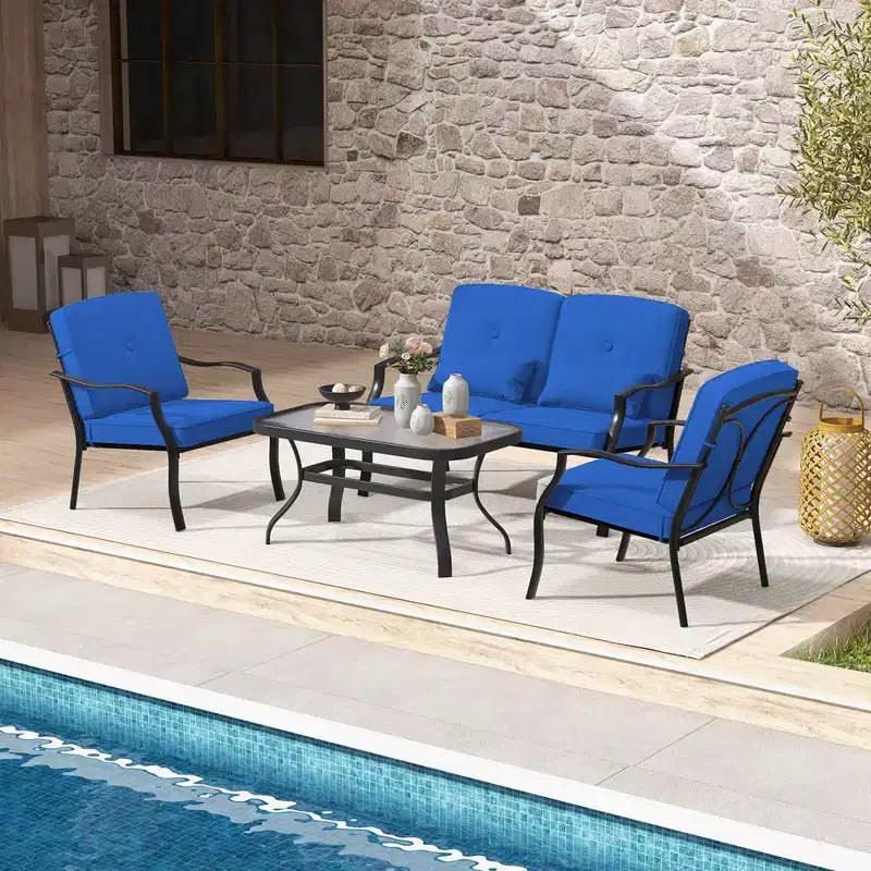 Set Mobili da Giardino 4 Pezzi Costway Divano da Esterno Tavolino da Caffè in Vetro Temperato Blu Marino/Grigio