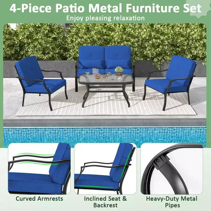 Set Mobili da Giardino 4 Pezzi Costway Divano da Esterno Tavolino da Caffè in Vetro Temperato Blu Marino/Grigio