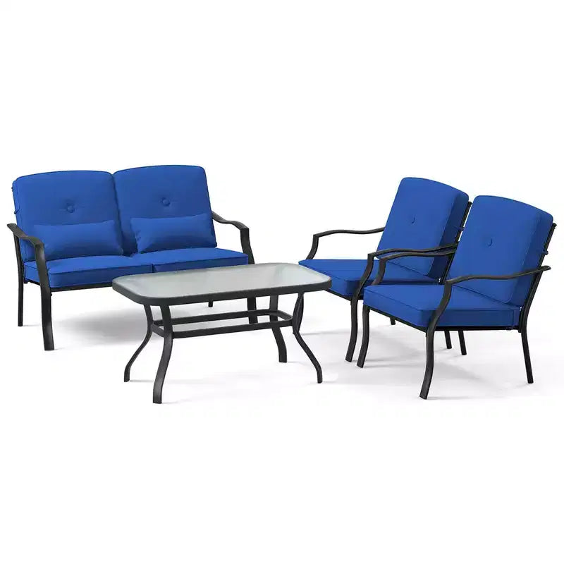 Set Mobili da Giardino 4 Pezzi Costway Divano da Esterno Tavolino da Caffè in Vetro Temperato Blu Marino/Grigio