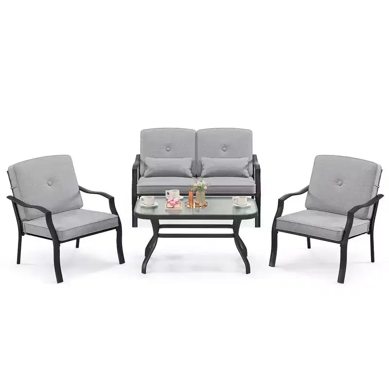 Set Mobili da Giardino 4 Pezzi Costway Divano da Esterno Tavolino da Caffè in Vetro Temperato Blu Marino/Grigio