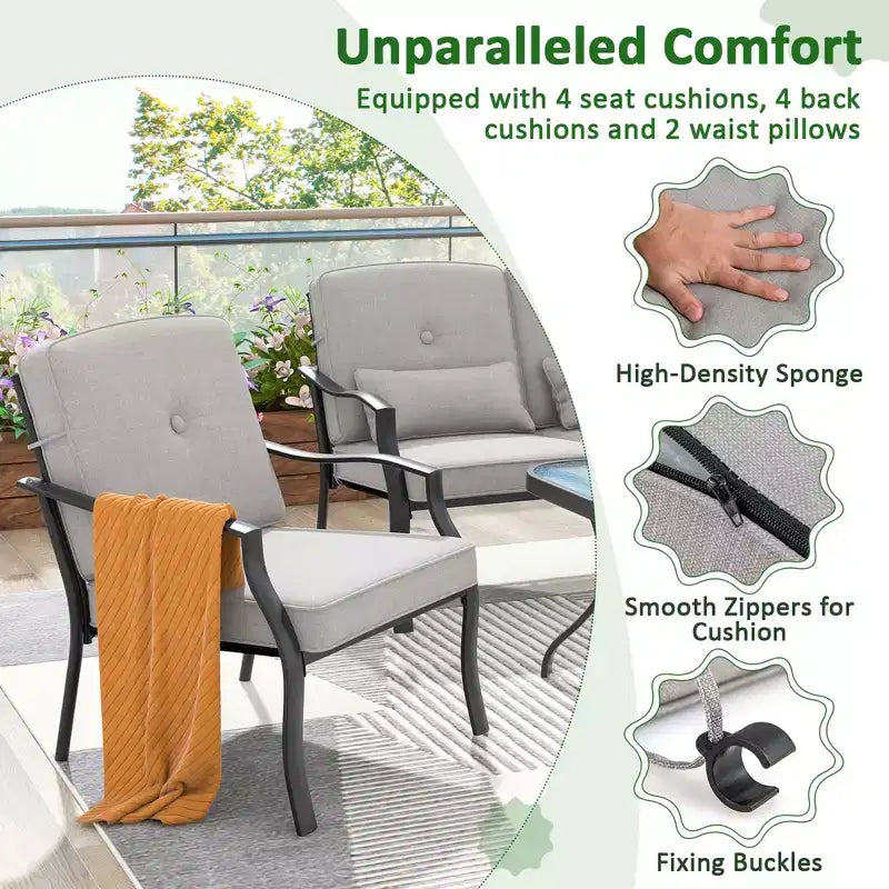 Set Mobili da Giardino 4 Pezzi Costway Divano da Esterno Tavolino da Caffè in Vetro Temperato Blu Marino/Grigio