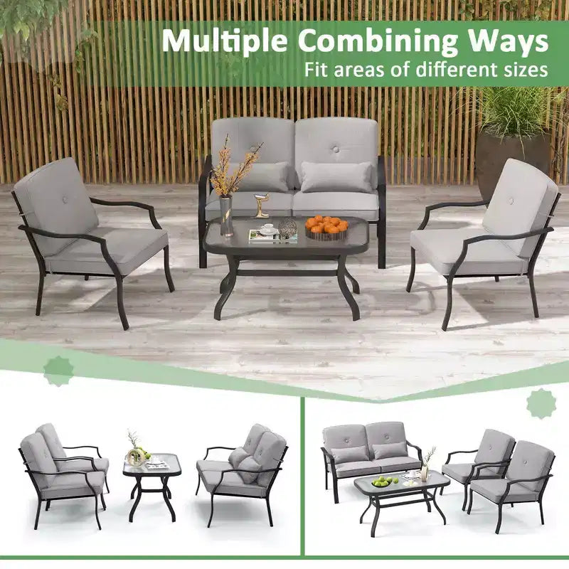 Set Mobili da Giardino 4 Pezzi Costway Divano da Esterno Tavolino da Caffè in Vetro Temperato Blu Marino/Grigio