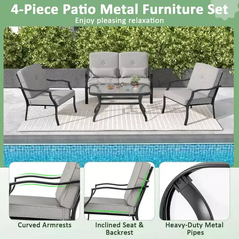 Set Mobili da Giardino 4 Pezzi Costway Divano da Esterno Tavolino da Caffè in Vetro Temperato Blu Marino/Grigio