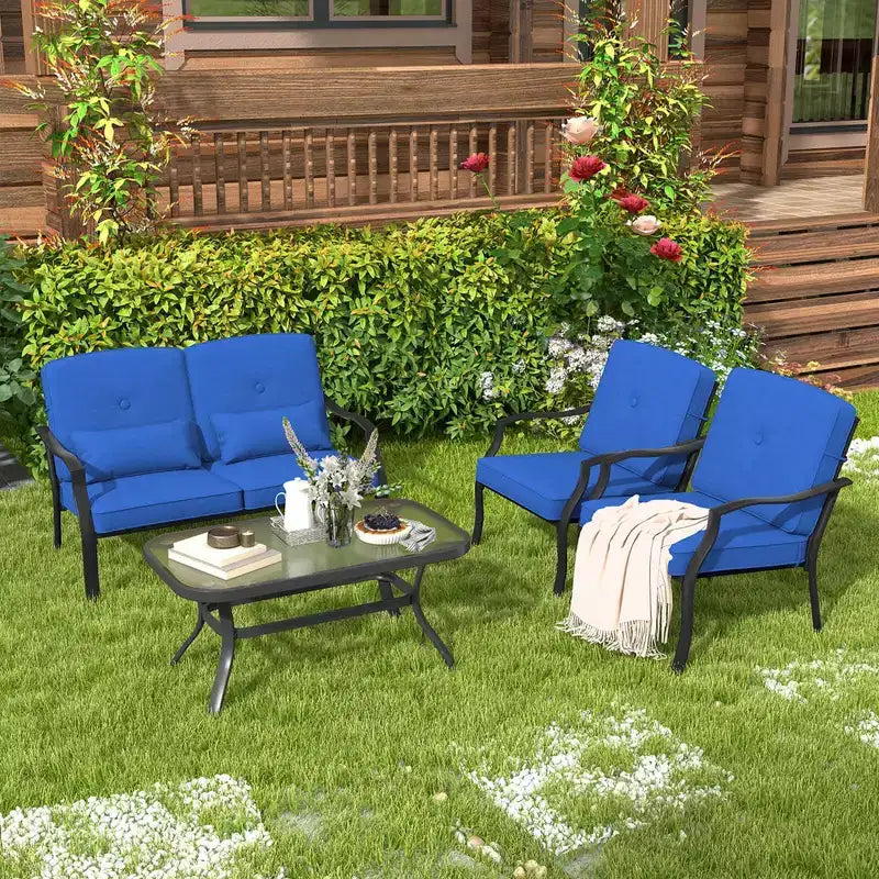Set Mobili da Giardino 4 Pezzi Costway Divano da Esterno Tavolino da Caffè in Vetro Temperato Blu Marino/Grigio