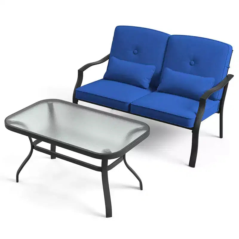 Costway Set da 2 Pezzi di Mobili da Giardino, Divanetto da Esterno, Tavolino da Caffè, Seduta Imbottita Blu Marino/Grigio