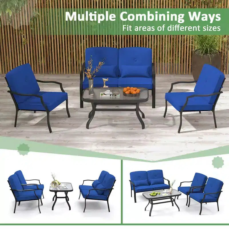 Costway Set da 2 Pezzi di Mobili da Giardino, Divanetto da Esterno, Tavolino da Caffè, Seduta Imbottita Blu Marino/Grigio