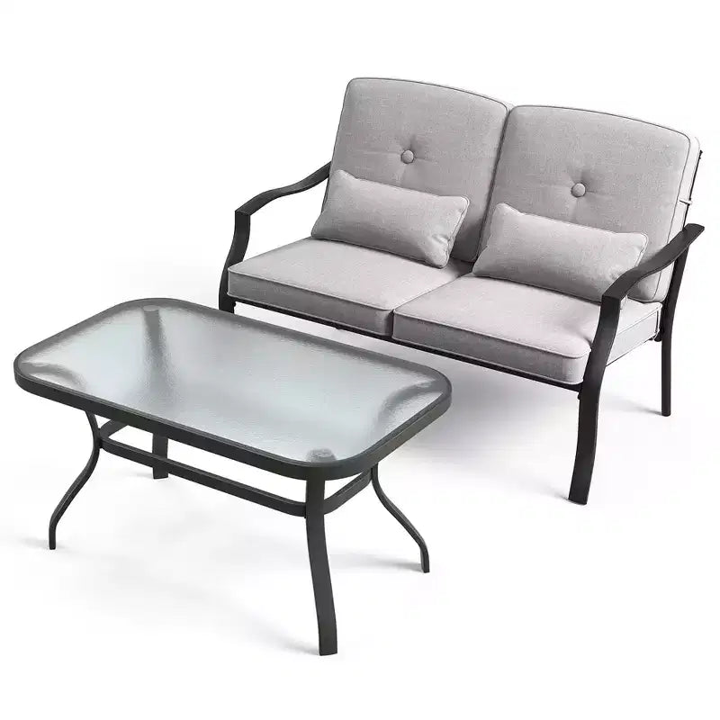 Costway Set da 2 Pezzi di Mobili da Giardino, Divanetto da Esterno, Tavolino da Caffè, Seduta Imbottita Blu Marino/Grigio