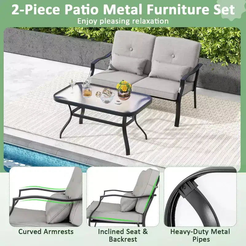 Costway Set da 2 Pezzi di Mobili da Giardino, Divanetto da Esterno, Tavolino da Caffè, Seduta Imbottita Blu Marino/Grigio