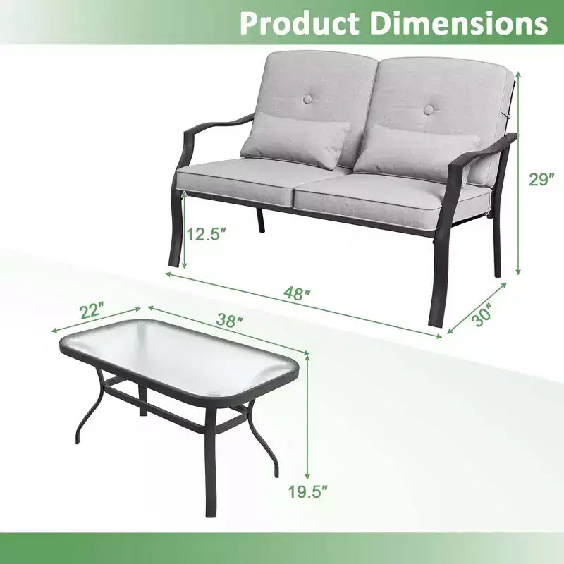 Costway Set da 2 Pezzi di Mobili da Giardino, Divanetto da Esterno, Tavolino da Caffè, Seduta Imbottita Blu Marino/Grigio