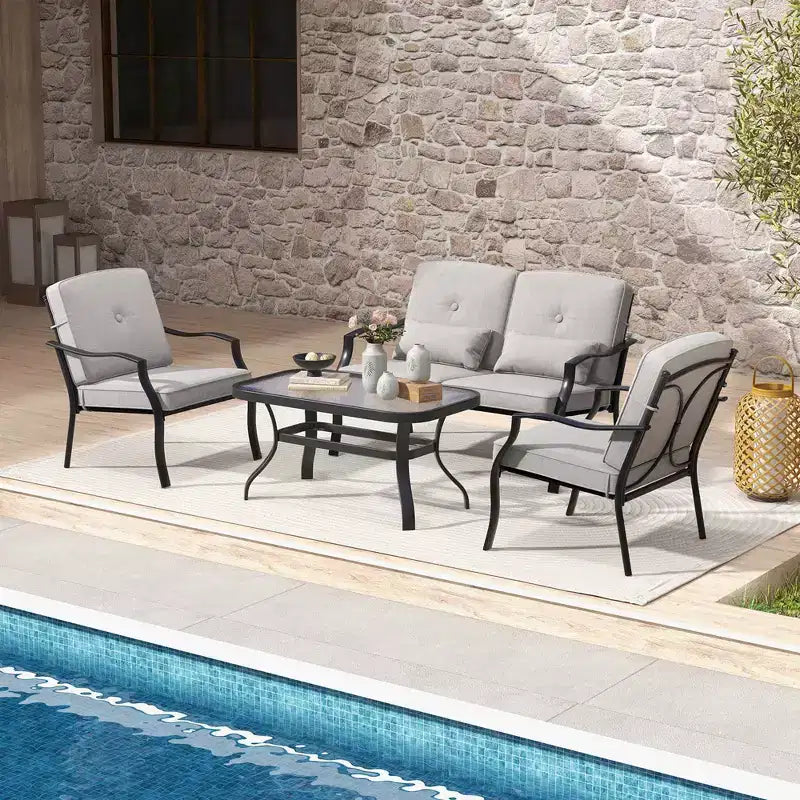 Costway Set da 2 Pezzi di Mobili da Giardino, Divanetto da Esterno, Tavolino da Caffè, Seduta Imbottita Blu Marino/Grigio