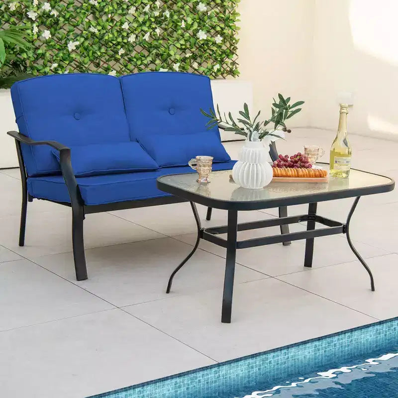 Costway Set da 2 Pezzi di Mobili da Giardino, Divanetto da Esterno, Tavolino da Caffè, Seduta Imbottita Blu Marino/Grigio