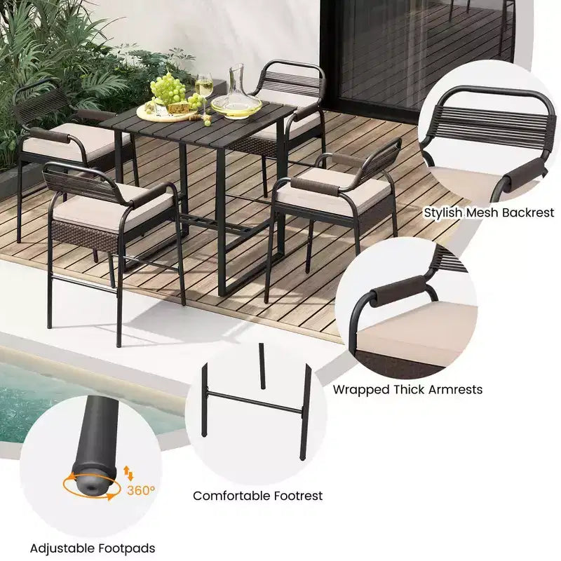 Costway Set da Bar da Esterno a 5 Pezzi, Set Bancone in Rattan con Sedili Imbottiti