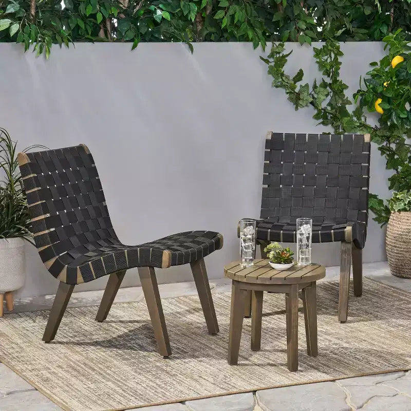 GDFStudio Ocilla Set da conversazione da esterno in legno di acacia e corda intrecciata, 3 pezzi, nero/grigio