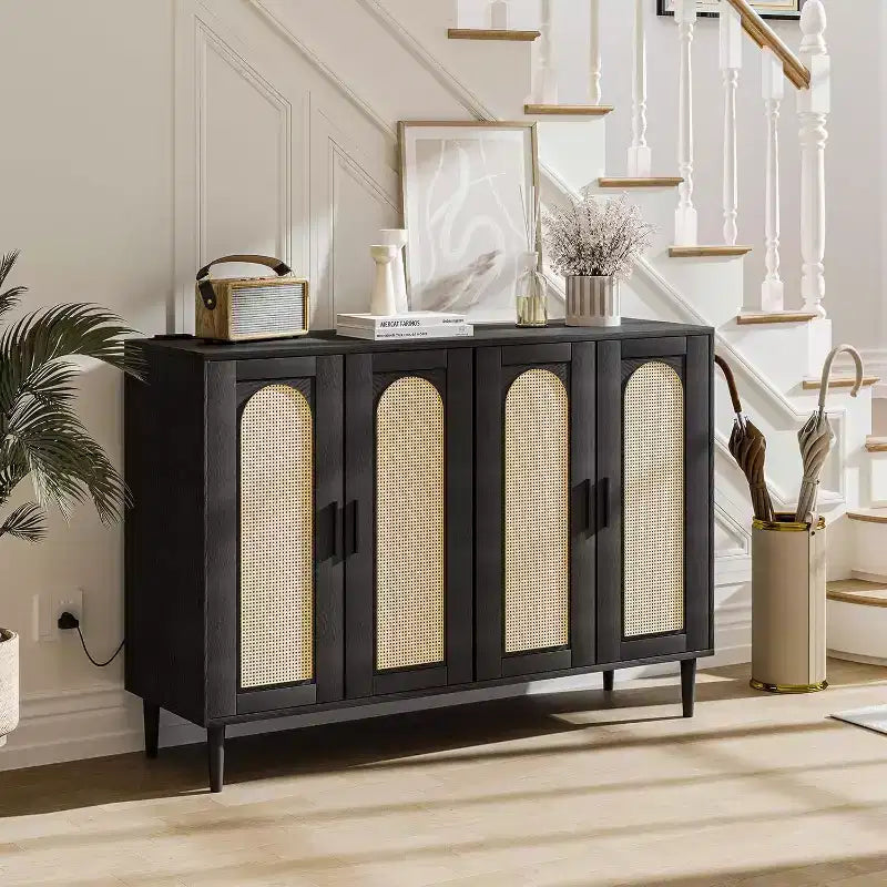 Sideboard Buffet Cabinet, 4 Rattan Doors Accent Storage Cabinet with Adjustable Shelves for Living Room
