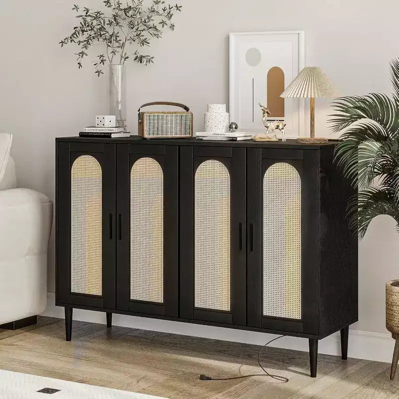 Credenza in Rattan Naturale a 4 Ante con Ripiani Regolabili – Unità Singola