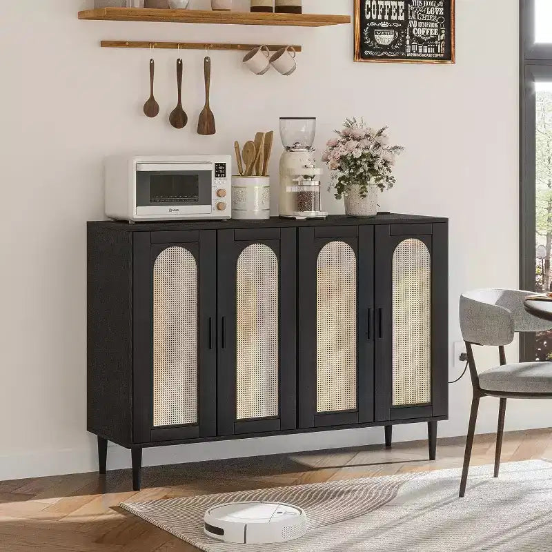 Credenza in Rattan Naturale a 4 Ante con Ripiani Regolabili – Unità Singola