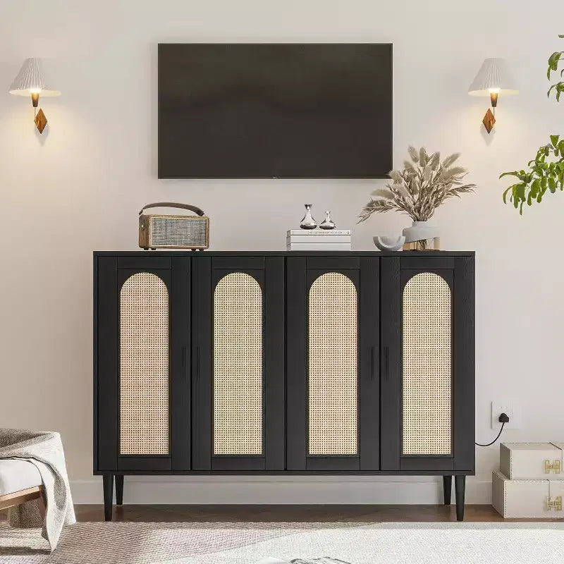 Credenza in Rattan Naturale a 4 Ante con Ripiani Regolabili – Unità Singola