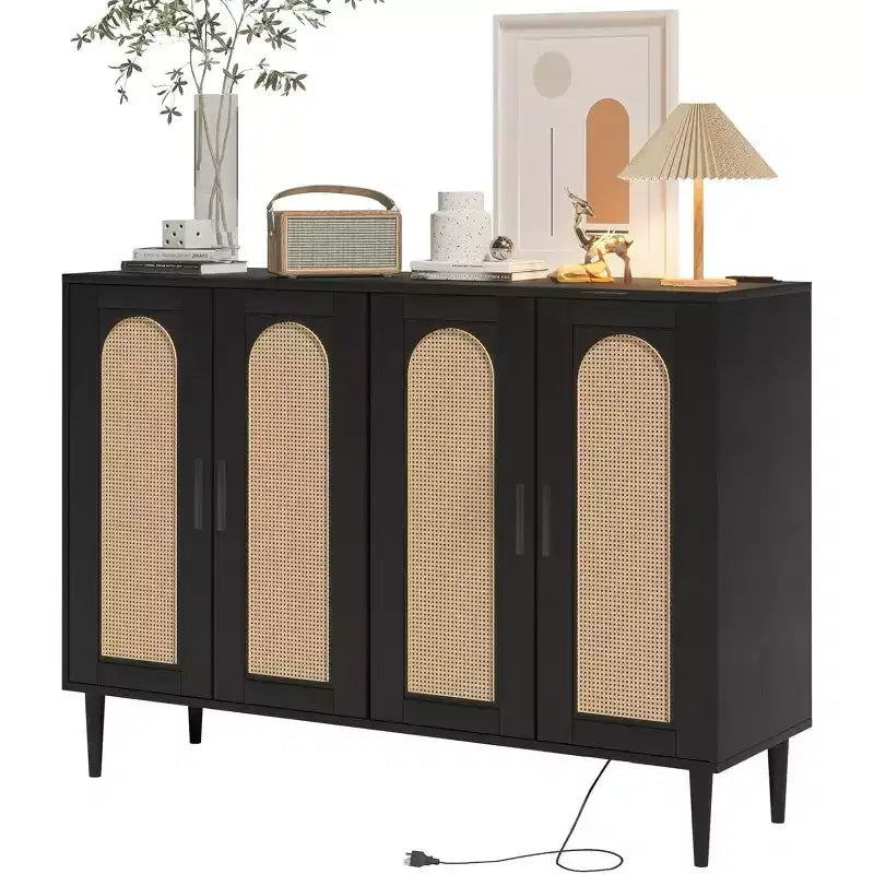 Credenza in Rattan Naturale a 4 Ante con Ripiani Regolabili – Unità Singola