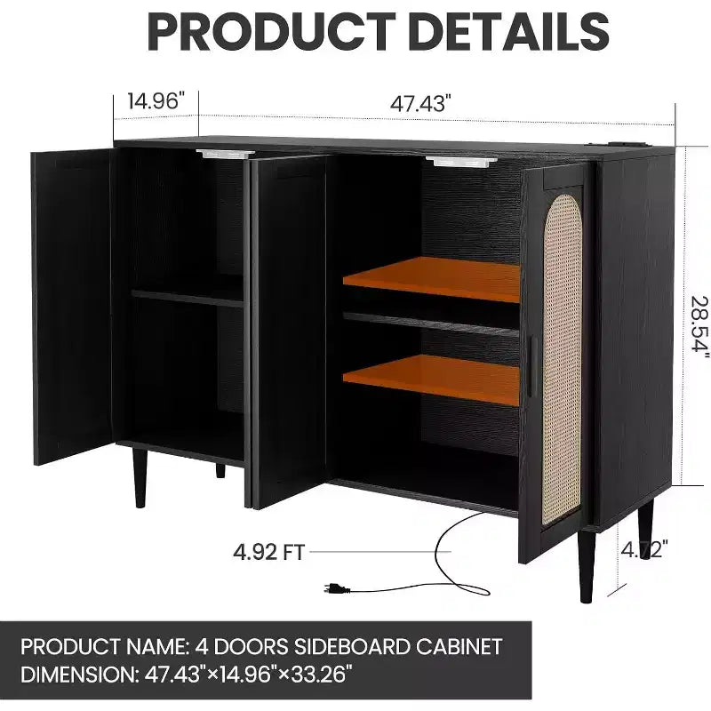 Credenza in Rattan Naturale a 4 Ante con Ripiani Regolabili – Unità Singola