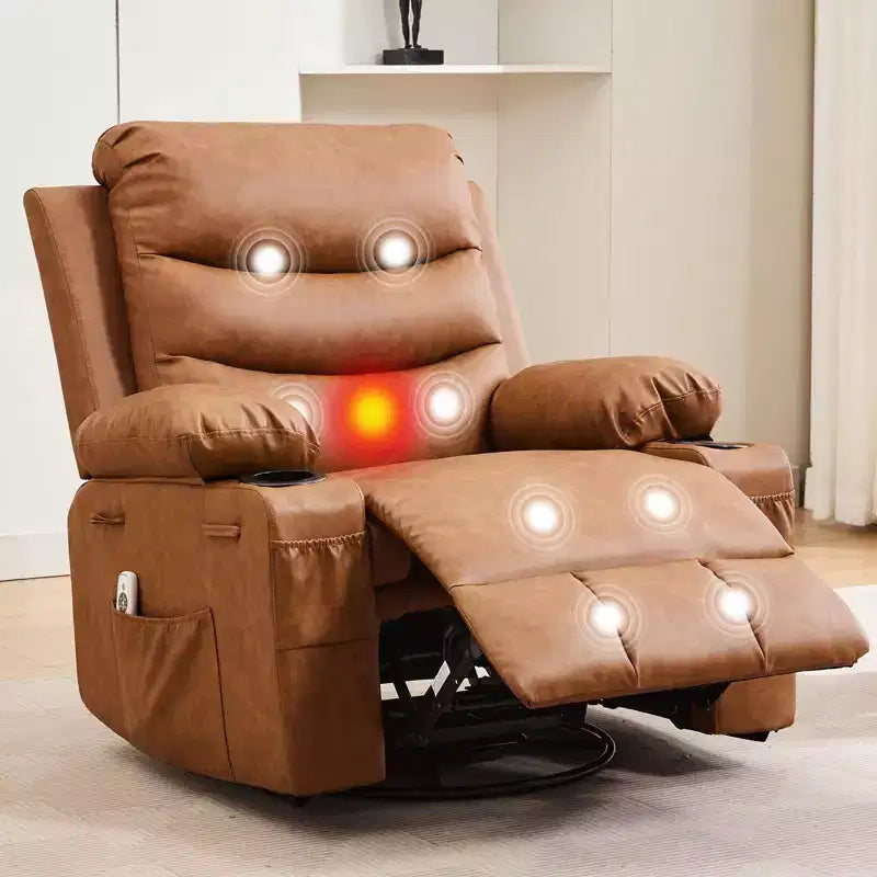 Siġġu recliner kbir li jdur 360 u jitbandal, bil-massaġġi u s-sħana - siġġu ergonomiku għar-rilassament b'holders għat-tazzi u bwiet tal-ġenb għall-kamra tal-għixien u l-mixtla