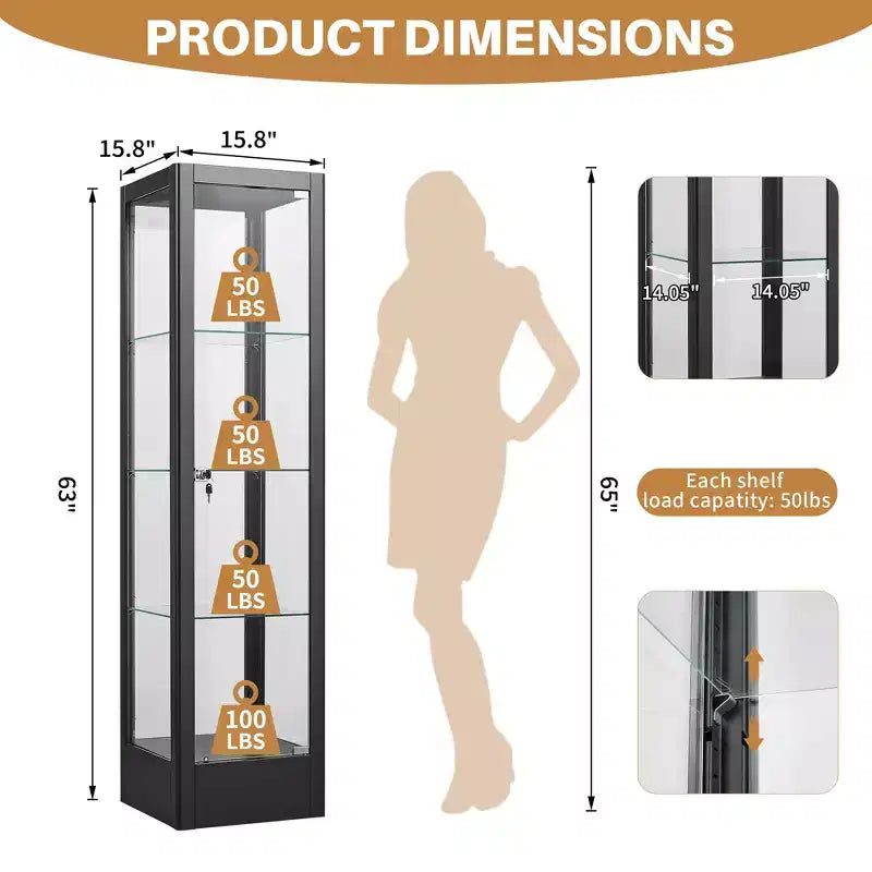 Bekrvio glazen vitrinekast met 4 etages en slot, vitrinekast 63 met deur van gehard glas en verstelbare planken