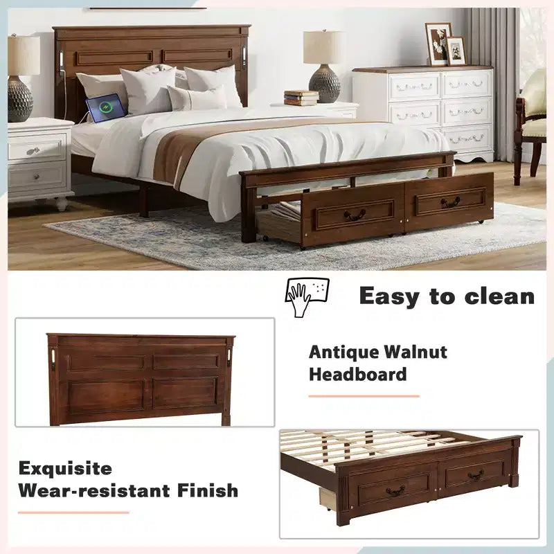 ModernLuxe Queen/King Size Platform Bed with Tall Headboard, Rustic Wood Bed Frame with 2 Drawers, LED Lights & USB Ports
