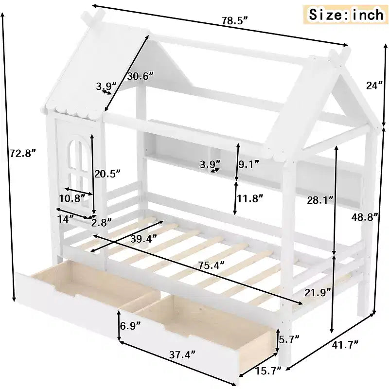Letto a piattaforma a forma di casetta con cassetti contenitore e finestra, struttura in legno massello con ripiani, design giocoso per bambini, bianco chiaro