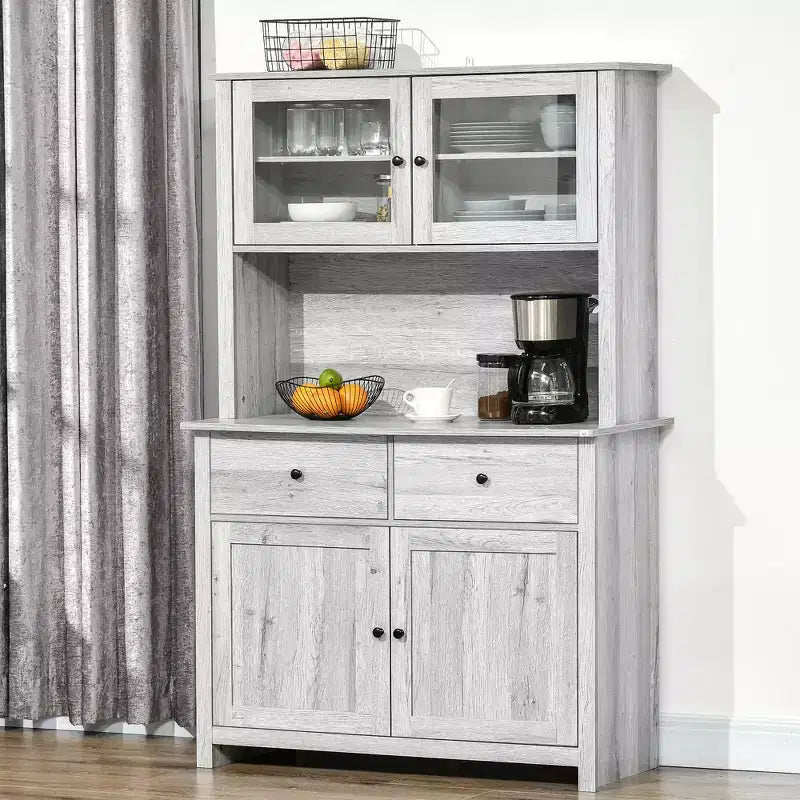HOMCOM 63.5 Kitchen Buffet with Hutch, Pantry Storage Cabinet with 4 Shelves, Drawers, Framed Glass Doors, Open Microwave Countertop