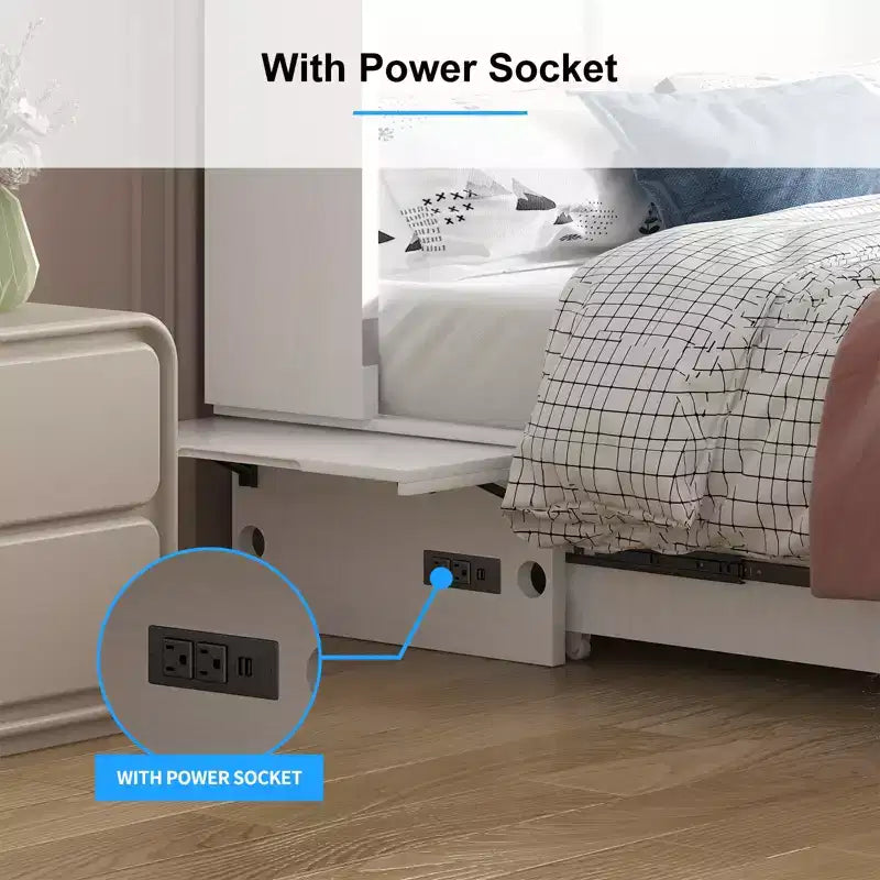 Letto a scomparsa queen Mjkone, letto a cubo con armadio contenitore, stazione di ricarica e spazio portaoggetti
