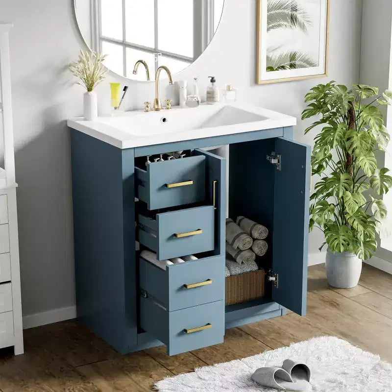 Mobile da bagno da 30" con lavabo singolo, armadietto e 3 cassetti – Nero / Blu / Verde / Indaco / Bianco