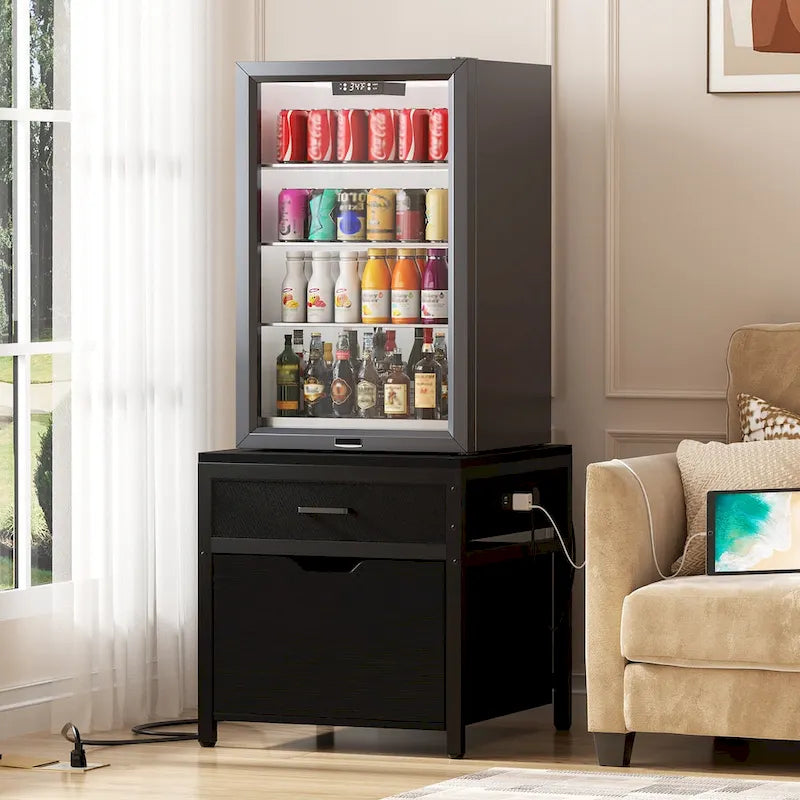 Mini Frigo con Stazione di Ricarica, Tavolino Laterale con Cassetti e Mobiletto su Ruote