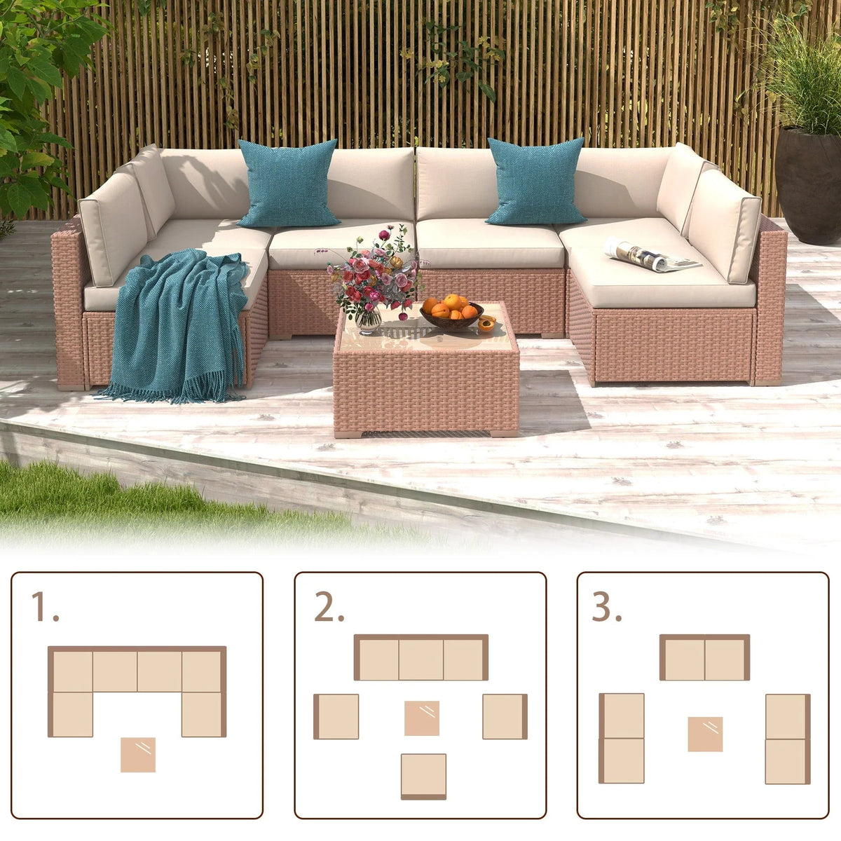 7-teiliges Outdoor-Sitzgruppen-Set aus Korbgeflecht und Stahl mit Polsterung