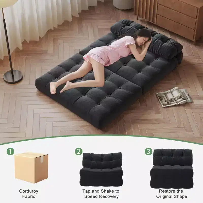 Zusammenklappbares Cord-Schlafsofa als Futon in Full-Größe, umwandelbarer Bodenschlafsessel mit Kissen und Rückenstütze