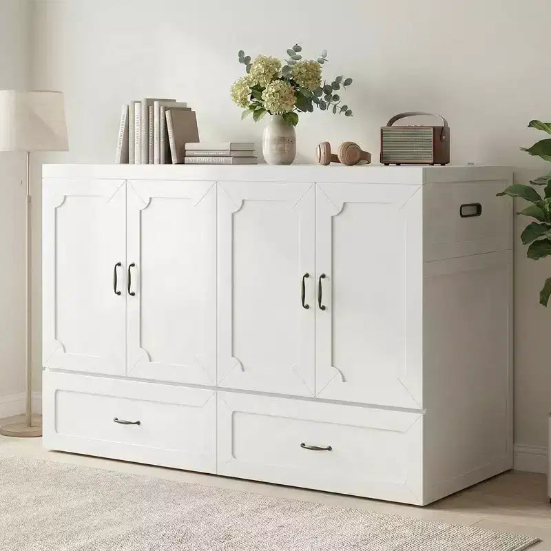 Letto armadio trasformabile Murphy Queen Size Mjkone con materasso, ricarica USB e cassetti contenitori