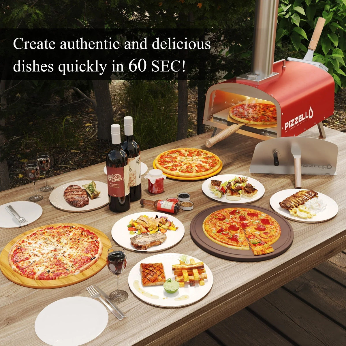 Forn tal-pizza ta’ barra b’diversi fjuwils, apparat għall-pizza moħmija fuq il-ġebel b’berner tal-gass u kaxxa għall-injam - 12-il pulzier