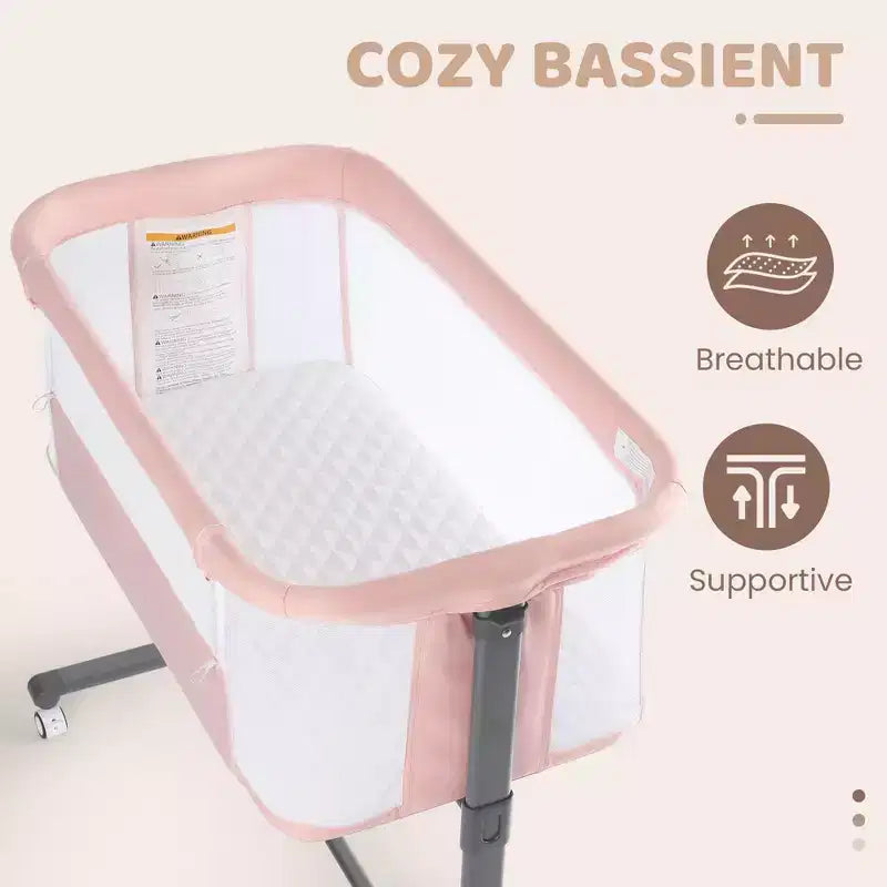Culla con ruote – Beige / Grigio / Rosa, lettino da fianco, per 1 bambino