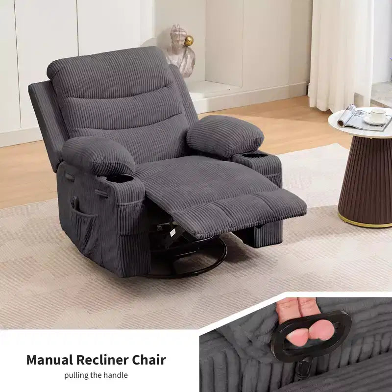 Siġġu recliner kbir li jdur 360 u jitbandal, bil-massaġġi u s-sħana - siġġu ergonomiku għar-rilassament b'holders għat-tazzi u bwiet tal-ġenb għall-kamra tal-għixien u l-mixtla
