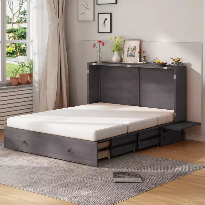 Letto a scomparsa queen Mjkone, letto a cubo con armadio contenitore, stazione di ricarica e spazio portaoggetti