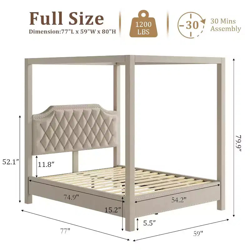 Struttura letto a baldacchino Queen Size con pali e supporti angolari a 4 punti, doghe in legno massello, senza necessità di rete a molle, silenziosa