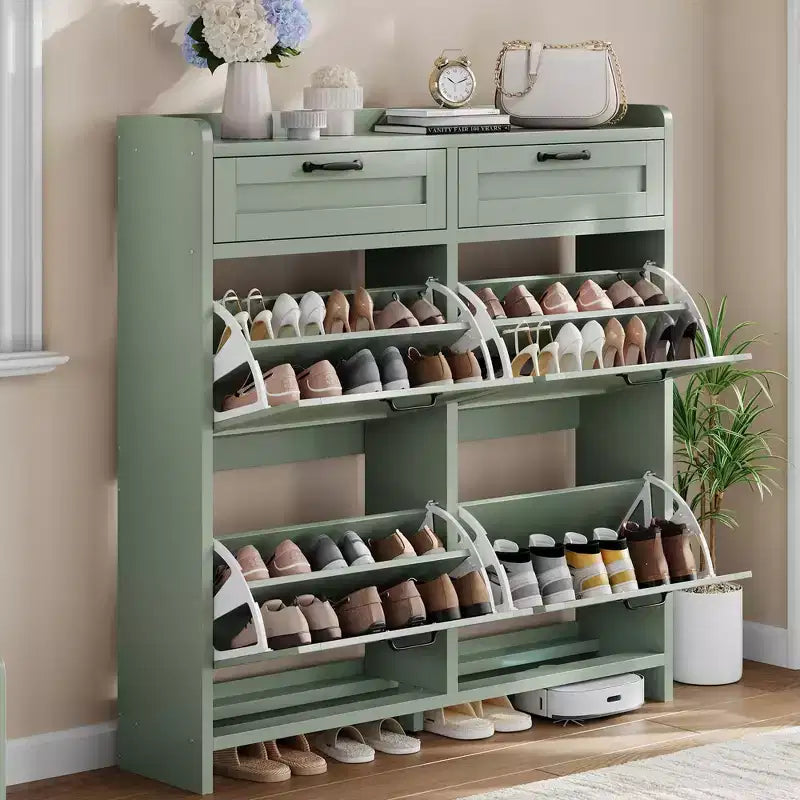 Shoe Cabinet with 4 Flip Drawers & 2 Top Drawers, Wooden Shoe Organizer Cabinet with Adjustable Shelf, Freestanding Shoe Storage Cabinets