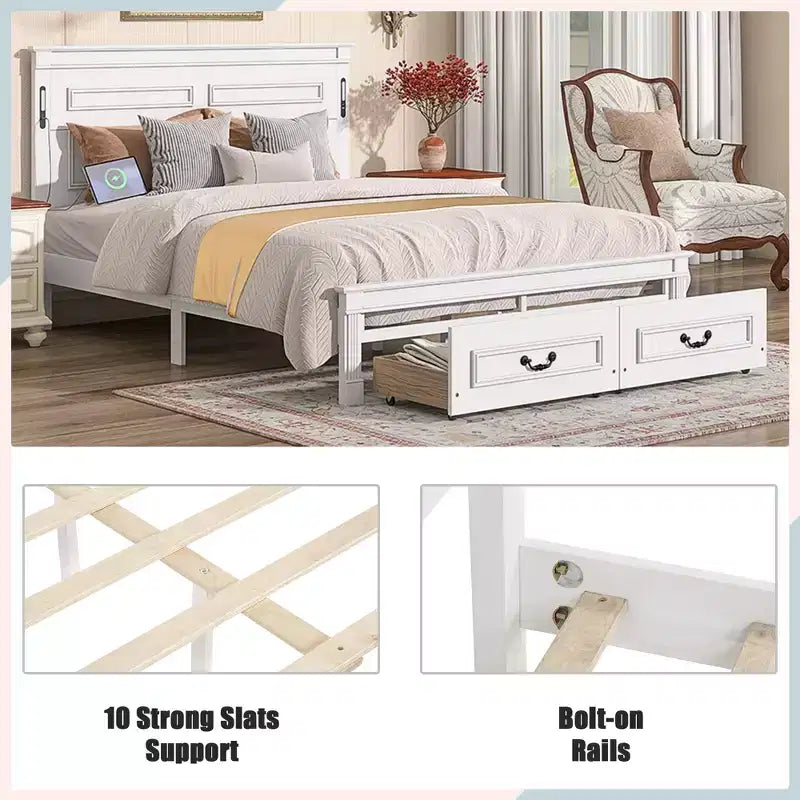 ModernLuxe Queen/King Size Platform Bed with Tall Headboard, Rustic Wood Bed Frame with 2 Drawers, LED Lights & USB Ports