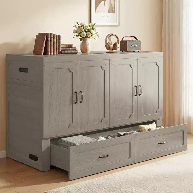 Letto armadio trasformabile Murphy Queen Size Mjkone con materasso, ricarica USB e cassetti contenitori
