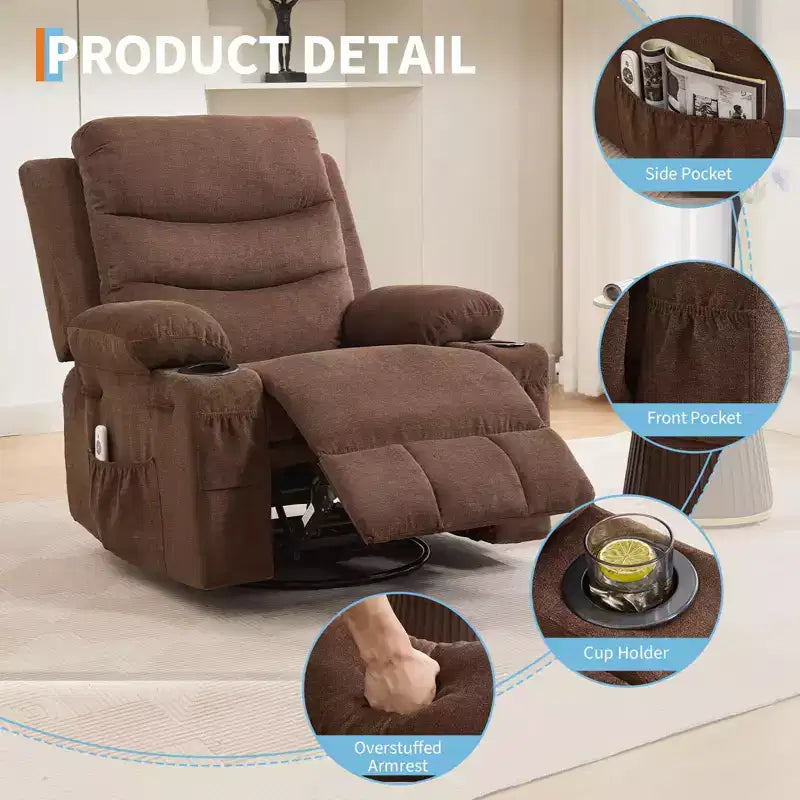 Siġġu recliner kbir li jdur 360 u jitbandal, bil-massaġġi u s-sħana - siġġu ergonomiku għar-rilassament b'holders għat-tazzi u bwiet tal-ġenb għall-kamra tal-għixien u l-mixtla
