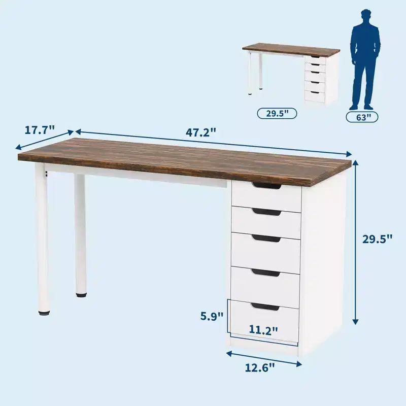 Desk tal-kompjuter ta’ 47 Pulzier b’5 kxaxen għall-ħażna, mejda moderna rustika riversibbli għall-istudju u l-kitba, workstation għall-uffiċċju tad-dar għal spazji żgħar